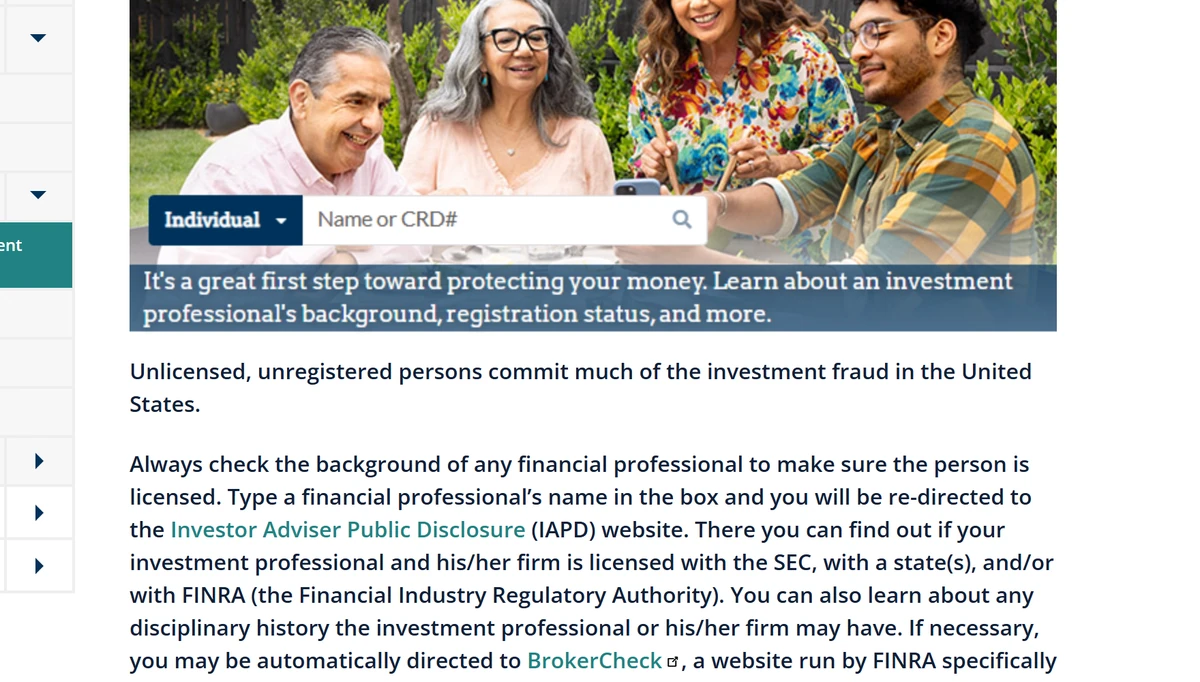 Investor.gov page explaining how to check an investment professional through IAPD or BrokerCheck