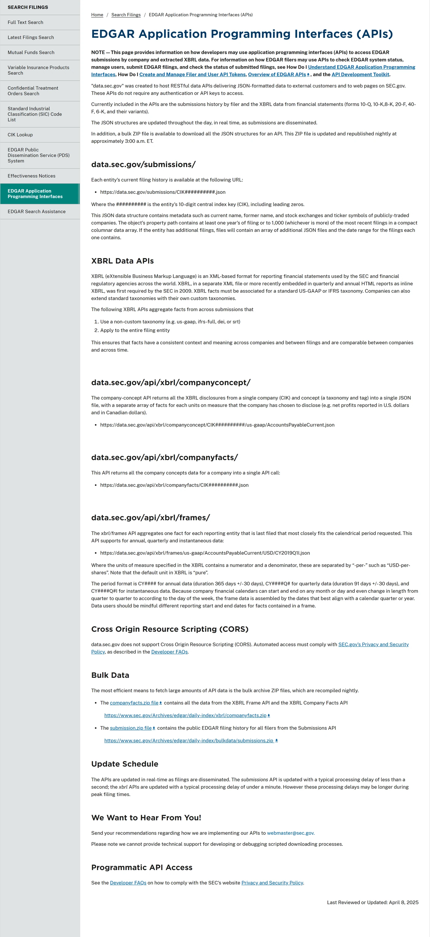 SEC EDGAR API documentation page showing submissions and XBRL data endpoints